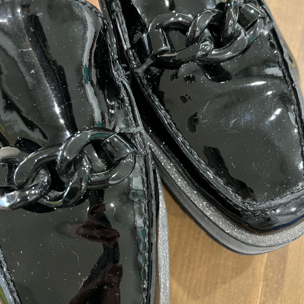 Johnston & Murphy Black Patent Loafers with Gray Platform Sole - Picture 4 of 11